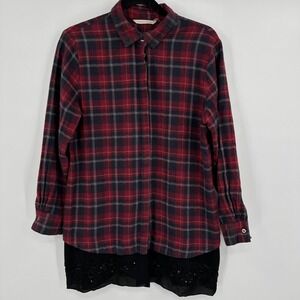 Soft‎ Surroundings Shirt Womens Medium Red Plaid Flannel Beaded Hem Button Down
